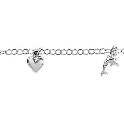 Italian Sterling Silver 3.5mm Rolo Chain Anklet with Heart and Dolphin Charms (10 in) 4.20 Grams