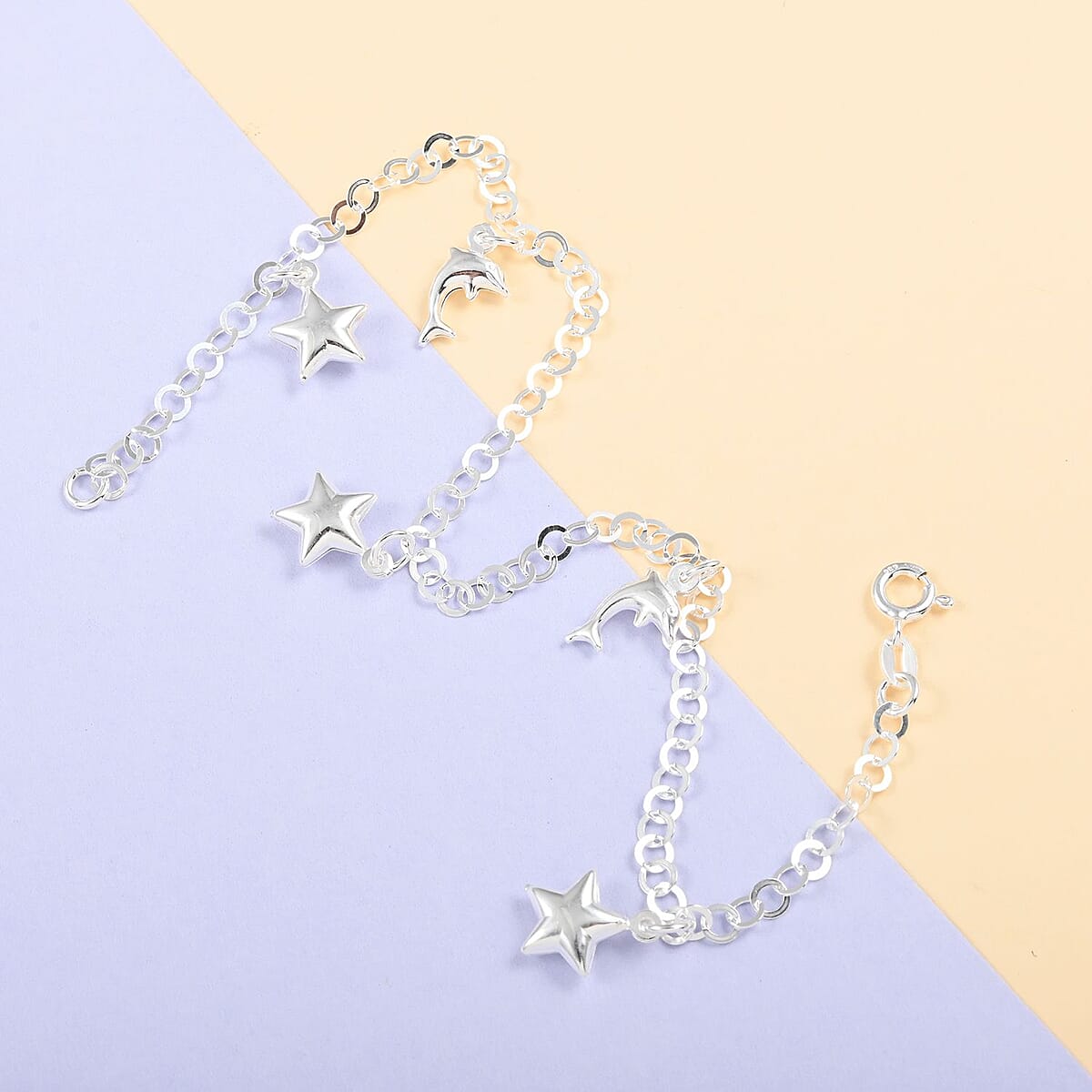 Italian Sterling Silver 3.5mm Rolo Chain Anklet with Star and Dolphin Charms (10 in) 4 Grams image number 1