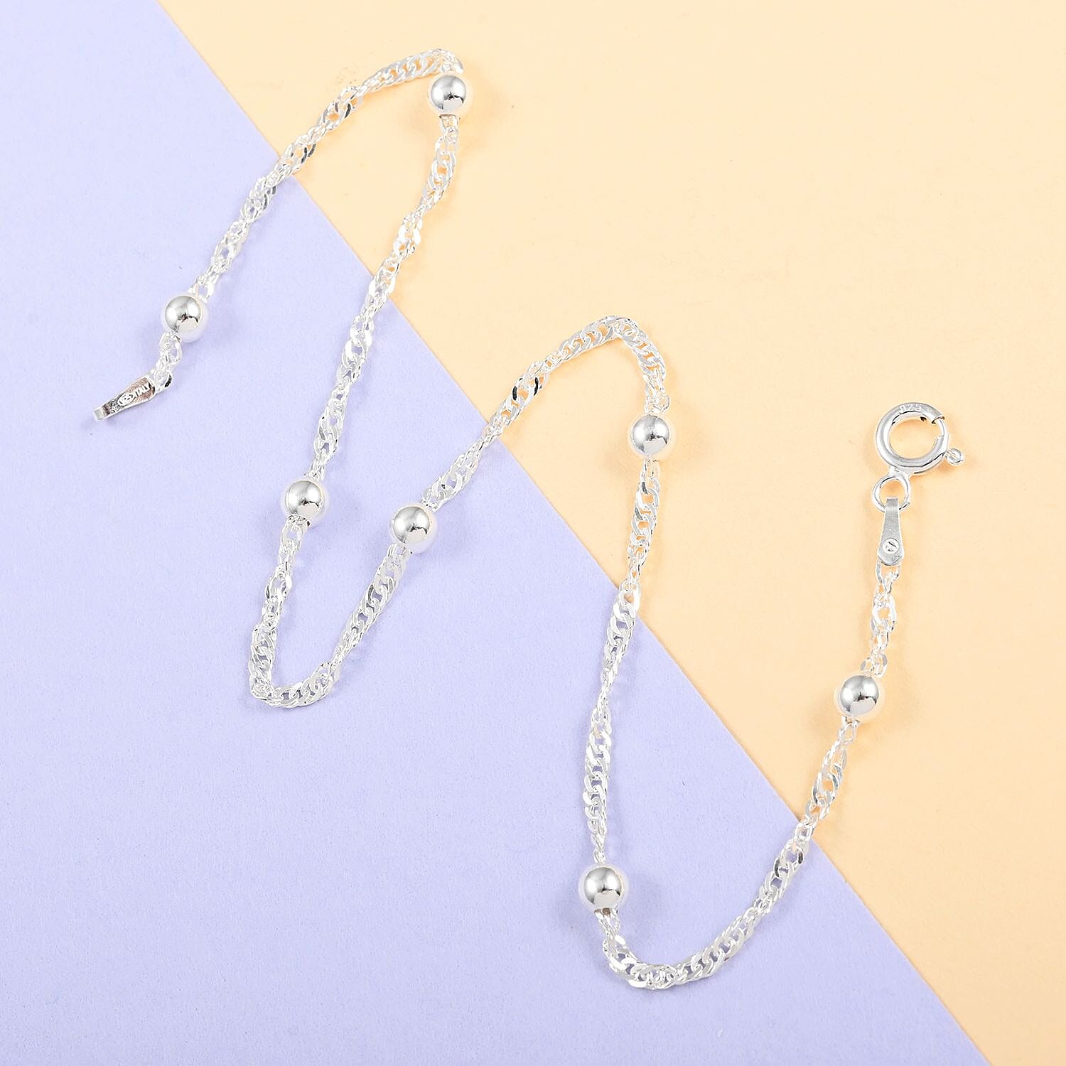 Italian Sterling Silver 4mm Station Oval Moon Cut Bead Anklet (10 in) 2.70 Grams