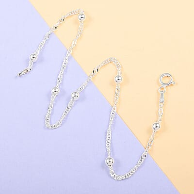 Italian Sterling Silver 4mm Station Oval Moon Cut Bead Anklet (10 in) 2.70 Grams