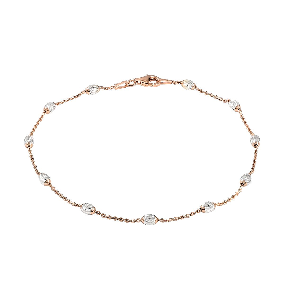 Italian 14K Rose Gold Over Sterling Silver 3.2mm Station Oval Moon Cut Bead Anklet (10 in) 2.30 Grams
