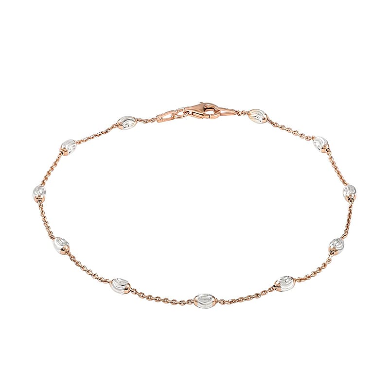 Italian 14K Rose Gold Over Sterling Silver 3.2mm Station Oval Moon Cut Bead Anklet (10 in) 2.30 Grams