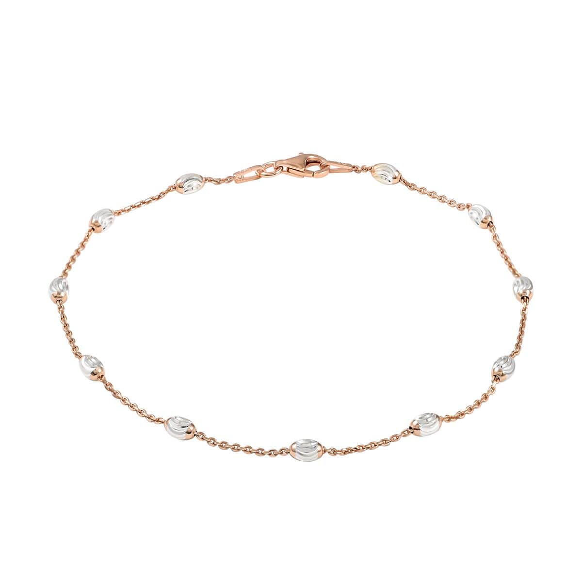 Italian 14K Rose Gold Over Sterling Silver 3.2mm Station Oval Moon Cut Bead Anklet (10 in) 2.30 Grams image number 0