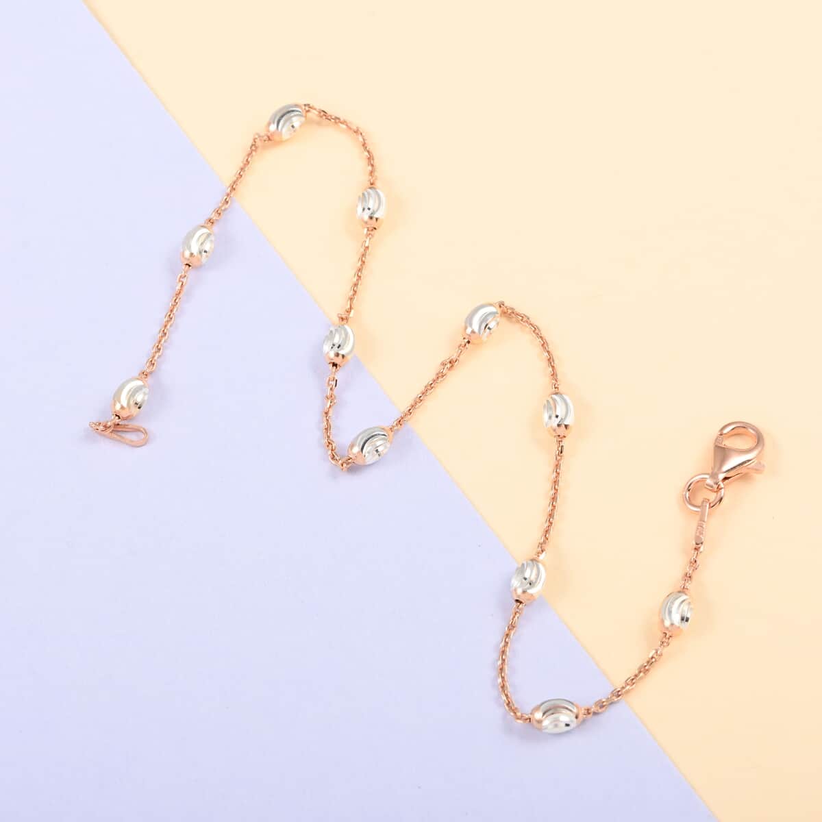 Italian 14K Rose Gold Over Sterling Silver 3.2mm Station Oval Moon Cut Bead Anklet (10 in) 2.30 Grams image number 1