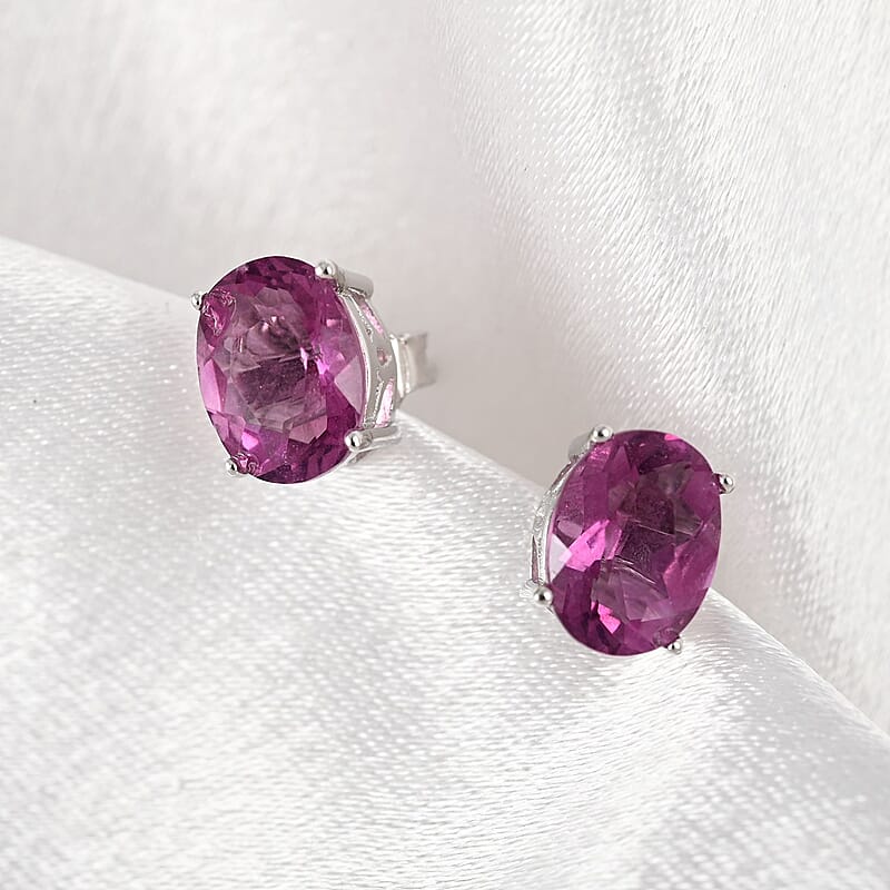 Pink Fluorite Solitaire Stud Earrings in Sterling Silver 3.30 ctw