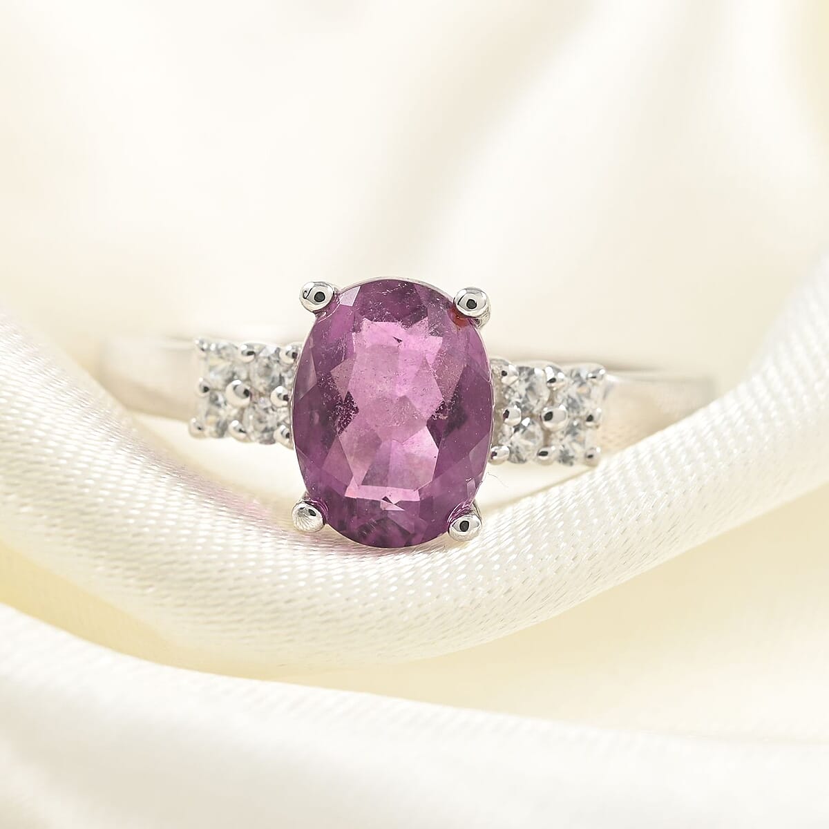 Pink Fluorite and Natural White Zircon Ring in Sterling Silver 3.10 ctw image number 1