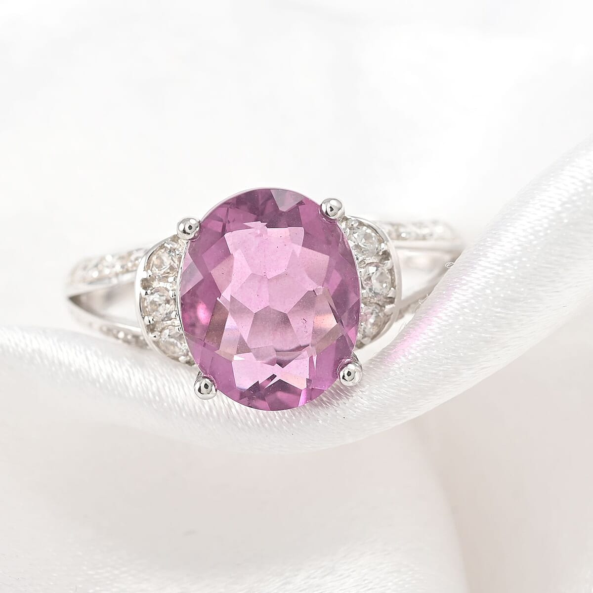 Pink Fluorite and White Zircon Ring in Sterling Silver (Size 8.0) 3.30 ctw image number 1