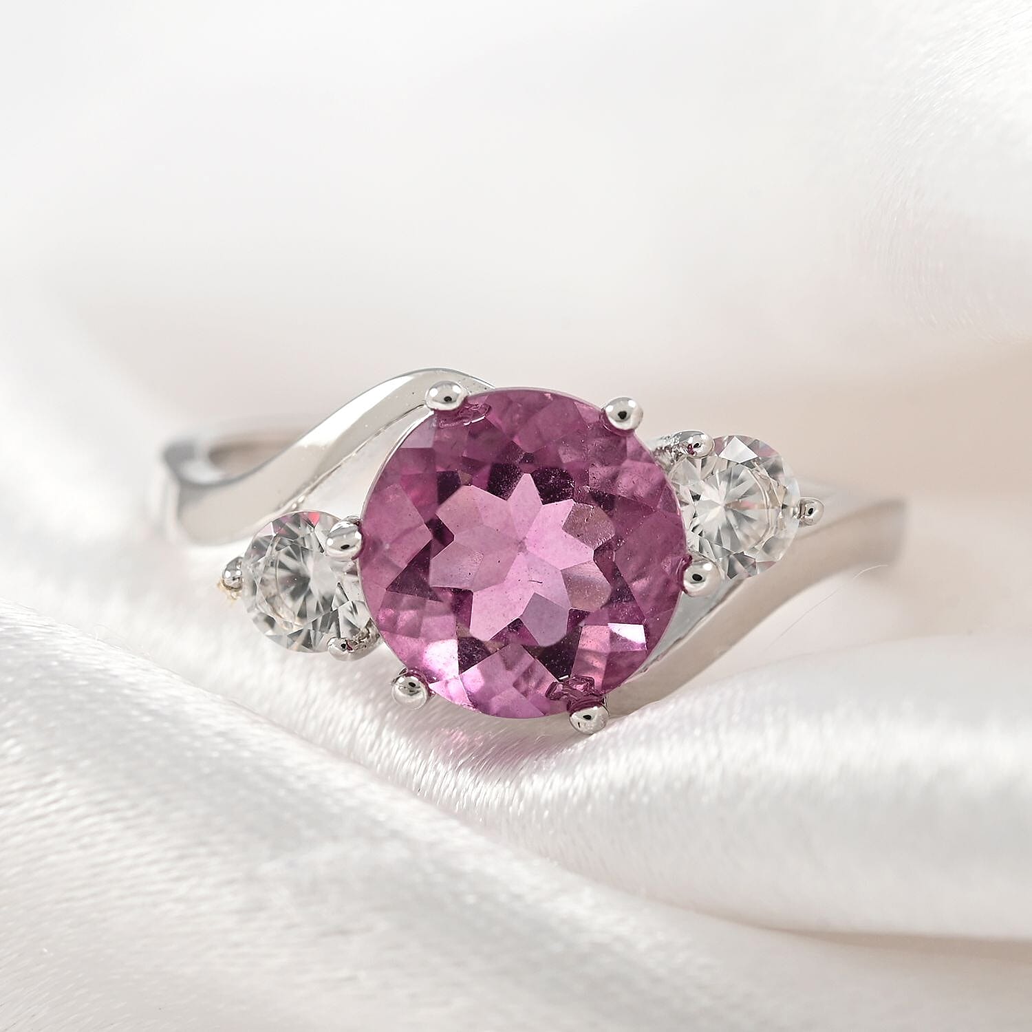 Pink Fluorite and Natural White Zircon Ring in Sterling Silver (Size 10.0) 2.75 ctw