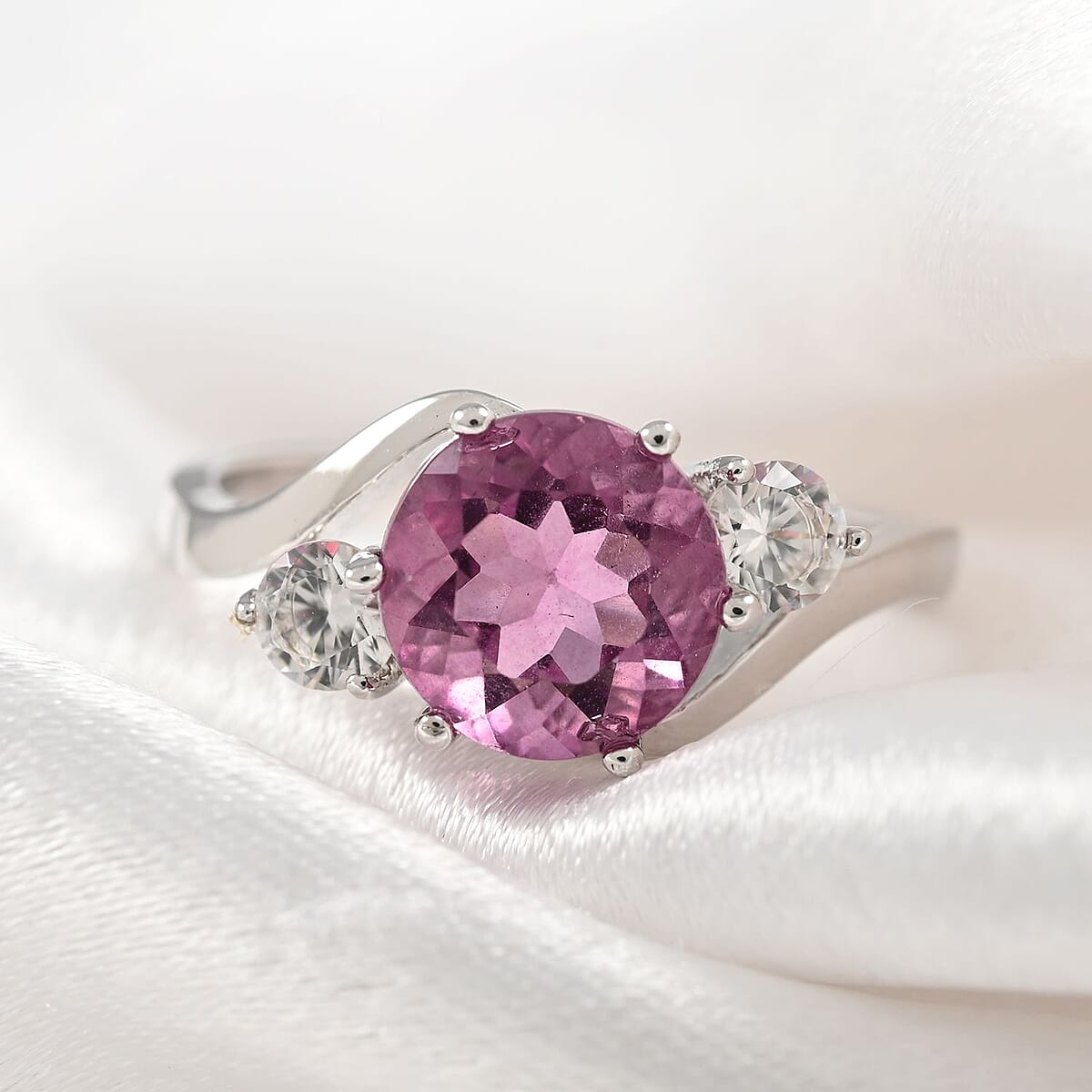 Pink Fluorite and Natural White Zircon Ring in Sterling Silver (Size 6.0) 2.75 ctw image number 1
