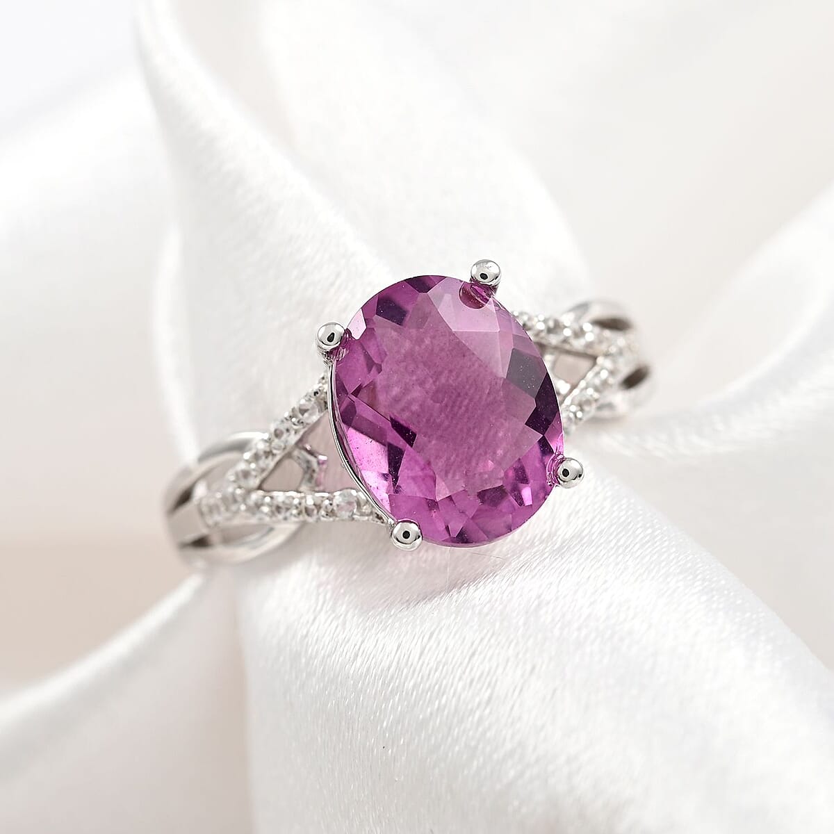 Pink Fluorite and Natural White Zircon Ring in Sterling Silver (Size 7.0) 4.75 ctw image number 1