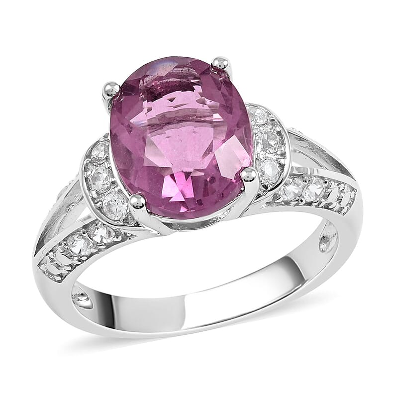 Pink Fluorite and Natural White Zircon Ring in Sterling Silver (Size 9.0) 4.75 ctw