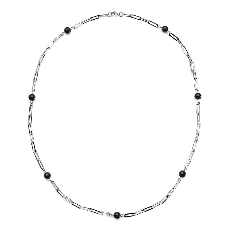 Black Onyx Beaded Paper Clip Station Necklace (28 Inches) in Stainless Steel 17.50 ctw | Tarnish-Free, Waterproof, Sweat Proof Jewelry