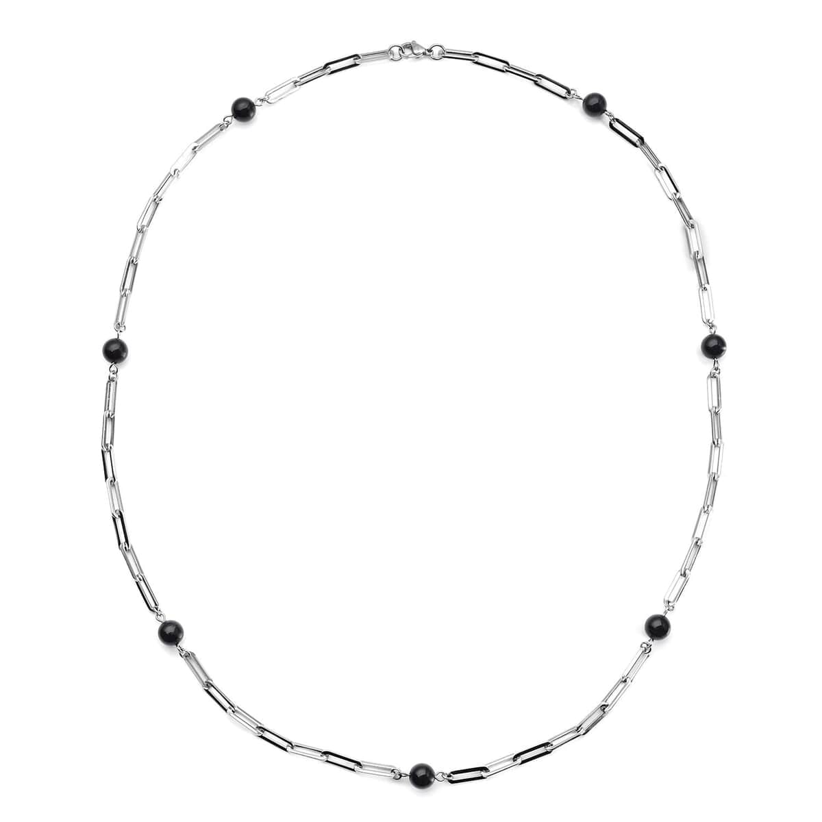 Black Onyx Beaded Paper Clip Station Necklace 28 Inches in Stainless Steel 17.50 ctw image number 0