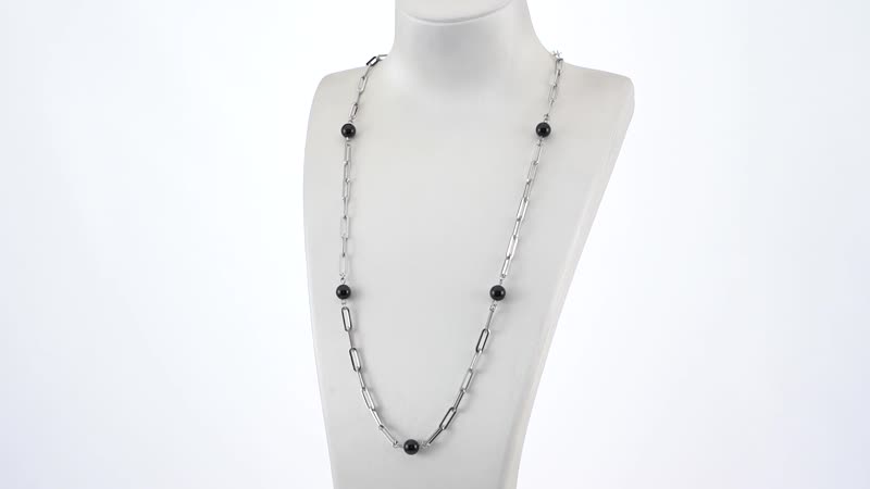 Black Onyx Beaded Paper Clip Station Necklace 28 Inches in Stainless Steel 17.50 ctw