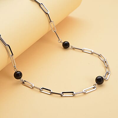 Black Onyx Beaded Paper Clip Station Necklace (28 Inches) in Stainless Steel 17.50 ctw | Tarnish-Free, Waterproof, Sweat Proof Jewelry