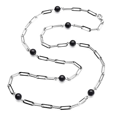 Black Onyx Beaded Paper Clip Station Necklace (28 Inches) in Stainless Steel 17.50 ctw | Tarnish-Free, Waterproof, Sweat Proof Jewelry