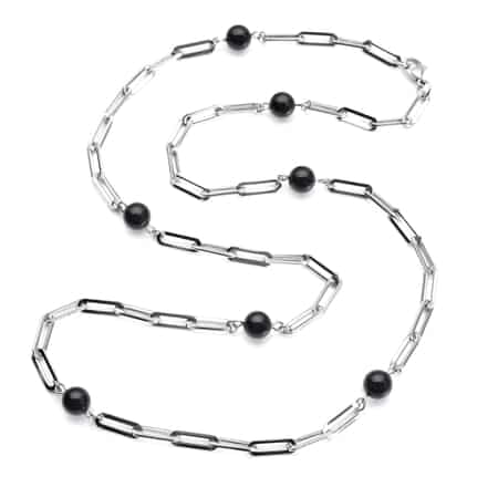 Black Onyx Beaded Paper Clip Station Necklace 28 Inches in Stainless Steel 17.50 ctw image number 2
