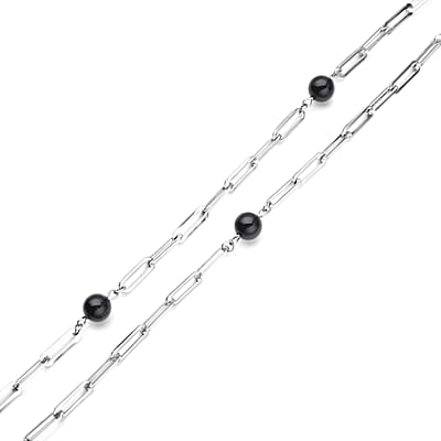 Black Onyx Beaded Paper Clip Station Necklace (28 Inches) in Stainless Steel 17.50 ctw | Tarnish-Free, Waterproof, Sweat Proof Jewelry