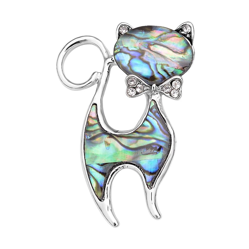 Abalone Shell and Austrian Crystal Cat Brooch in Silvertone