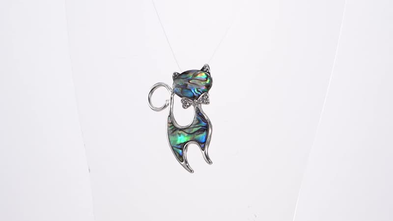 Abalone Shell and Austrian Crystal Cat Brooch in Silvertone