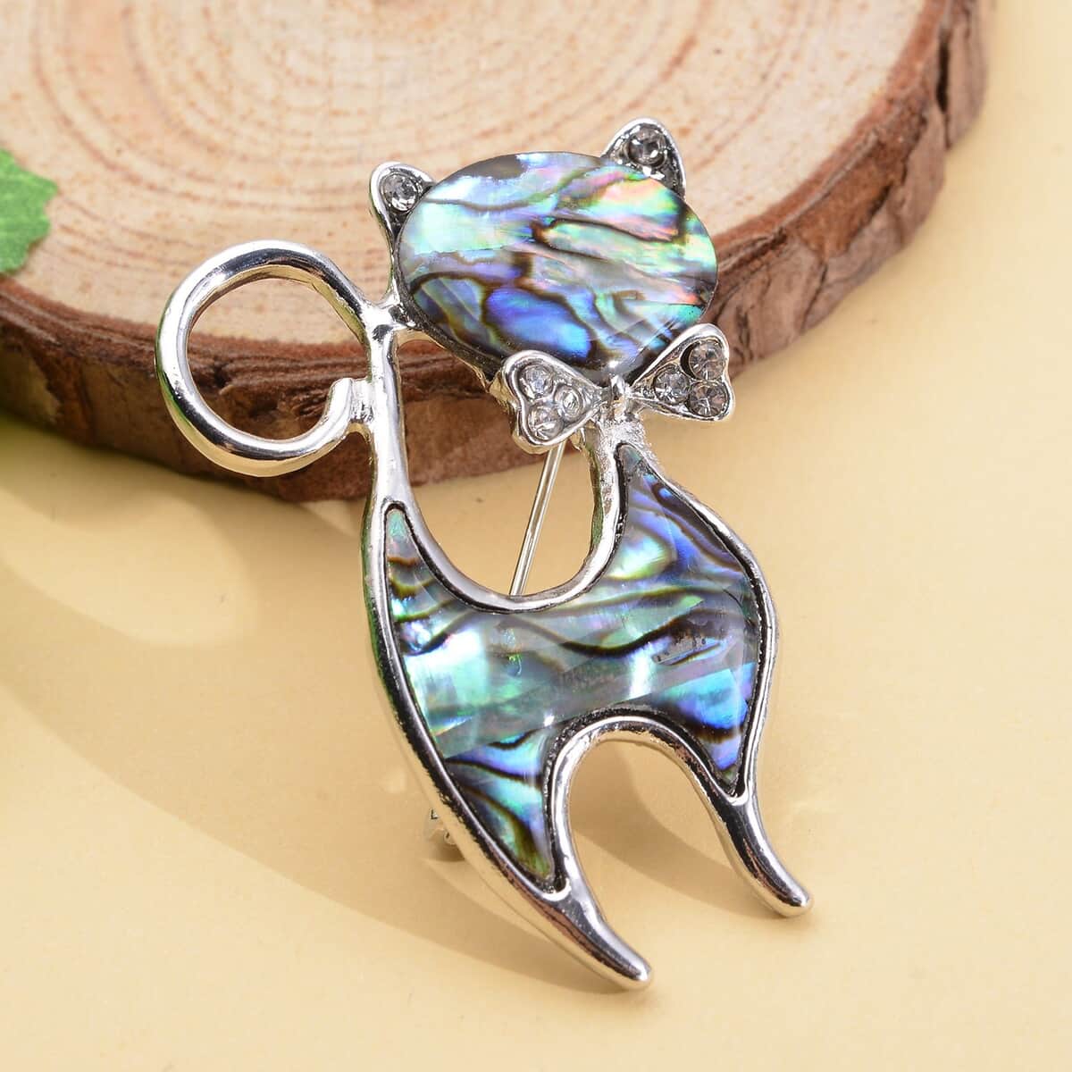 Abalone Shell and Austrian Crystal Cat Brooch in Silvertone image number 1