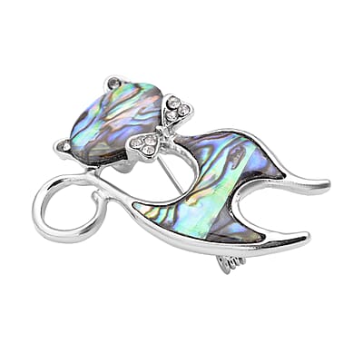 Abalone Shell and Austrian Crystal Cat Brooch in Silvertone