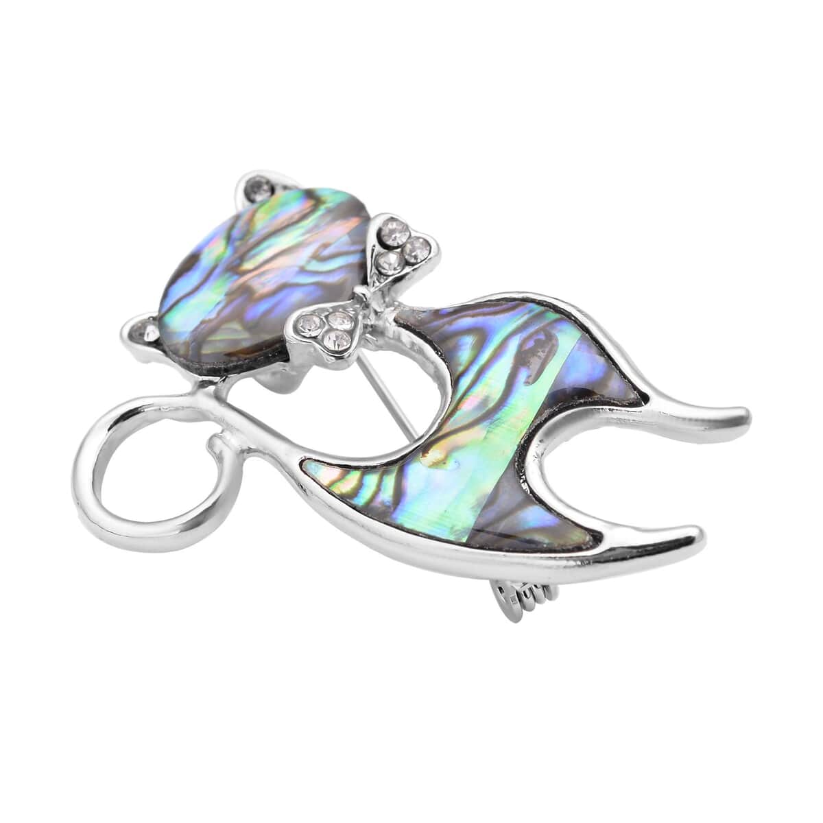 Abalone Shell and Austrian Crystal Cat Brooch in Silvertone image number 2