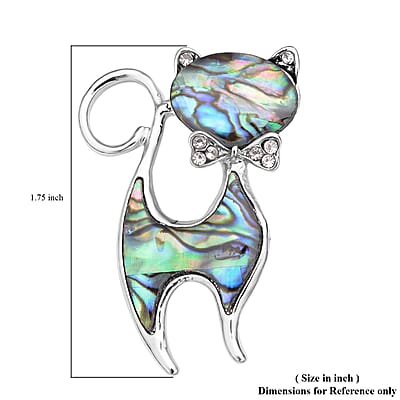 Abalone Shell and Austrian Crystal Cat Brooch in Silvertone