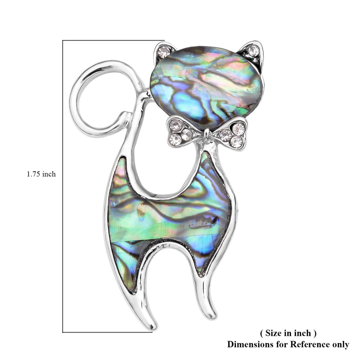 Abalone Shell and Austrian Crystal Cat Brooch in Silvertone image number 4