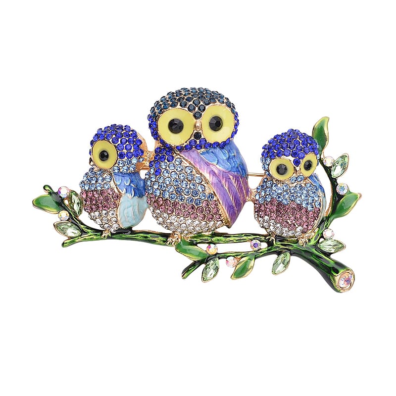 Multi Color Austrian Crystal, Green Glass and Enamel Owl Brooch in Goldtone