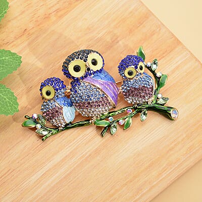 Multi Color Austrian Crystal, Green Glass and Enamel Owl Brooch in Goldtone