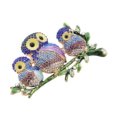 Multi Color Austrian Crystal, Green Glass and Enamel Owl Brooch in Goldtone