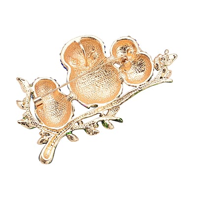 Multi Color Austrian Crystal, Green Glass and Enamel Owl Brooch in Goldtone