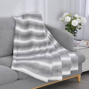 Homesmart Beige Stripe Pattern Microfiber, Faux Rabbit Fur Layer Reversible Blanket