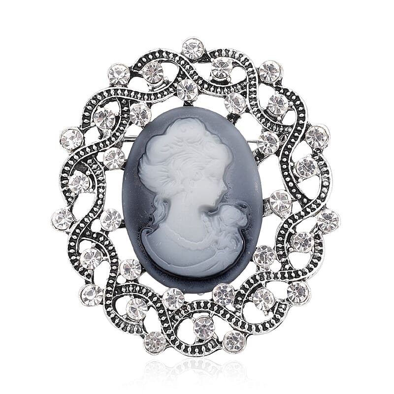 Gray Resin Cameo and Austrian Crystal Brooch Silvertone 20.00 ctw