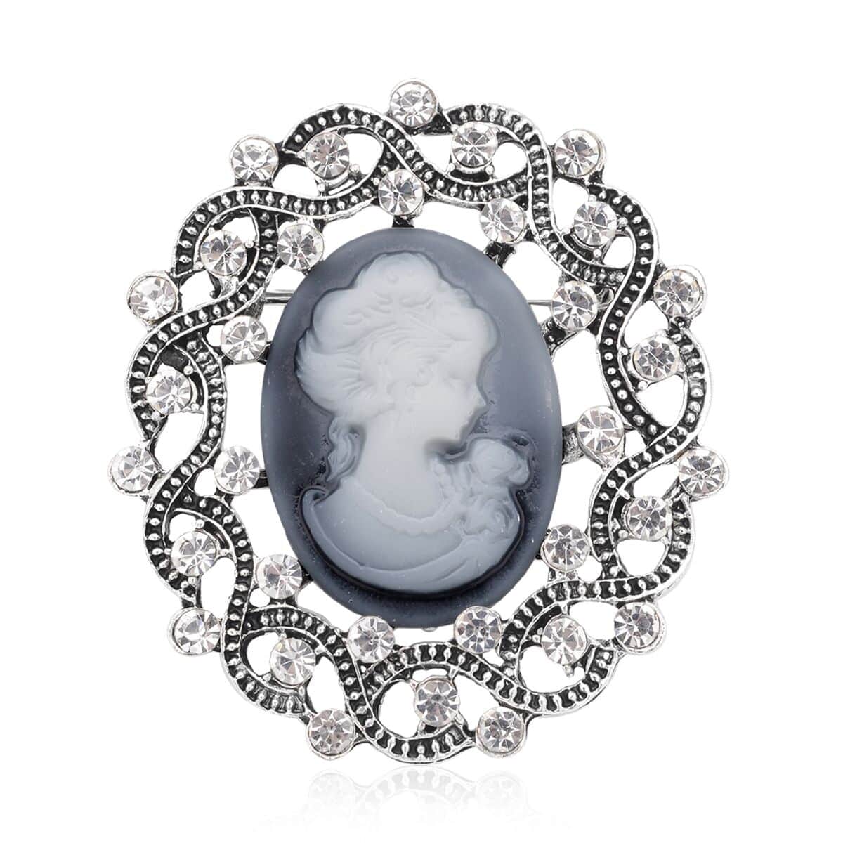 Gray Resin Cameo and Austrian Crystal Brooch Silvertone 20.00 ctw image number 0