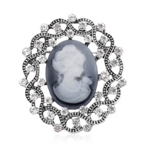 Gray Resin Cameo and Austrian Crystal Brooch Silvertone 20.00 ctw