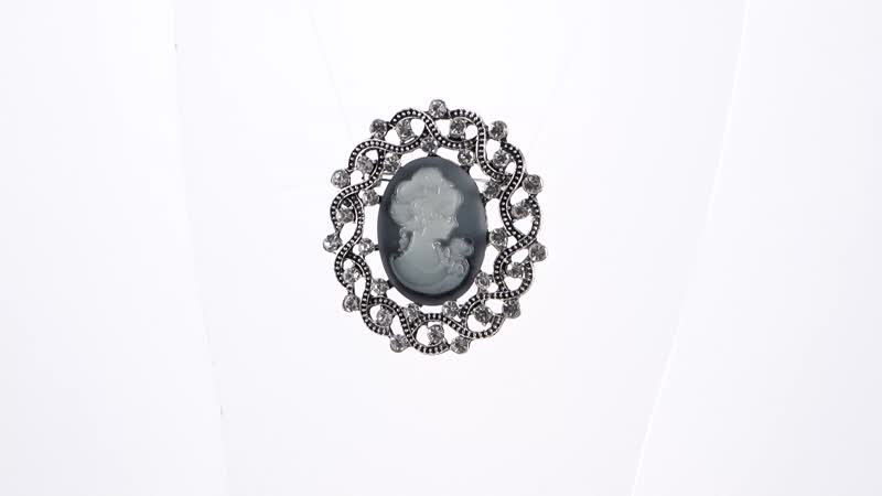 Gray Resin Cameo and Austrian Crystal Brooch Silvertone 20.00 ctw