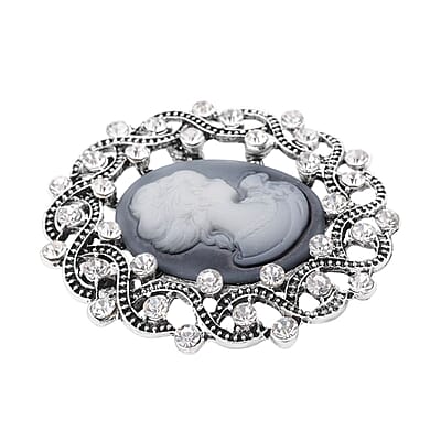 Gray Resin Cameo and Austrian Crystal Brooch Silvertone 20.00 ctw