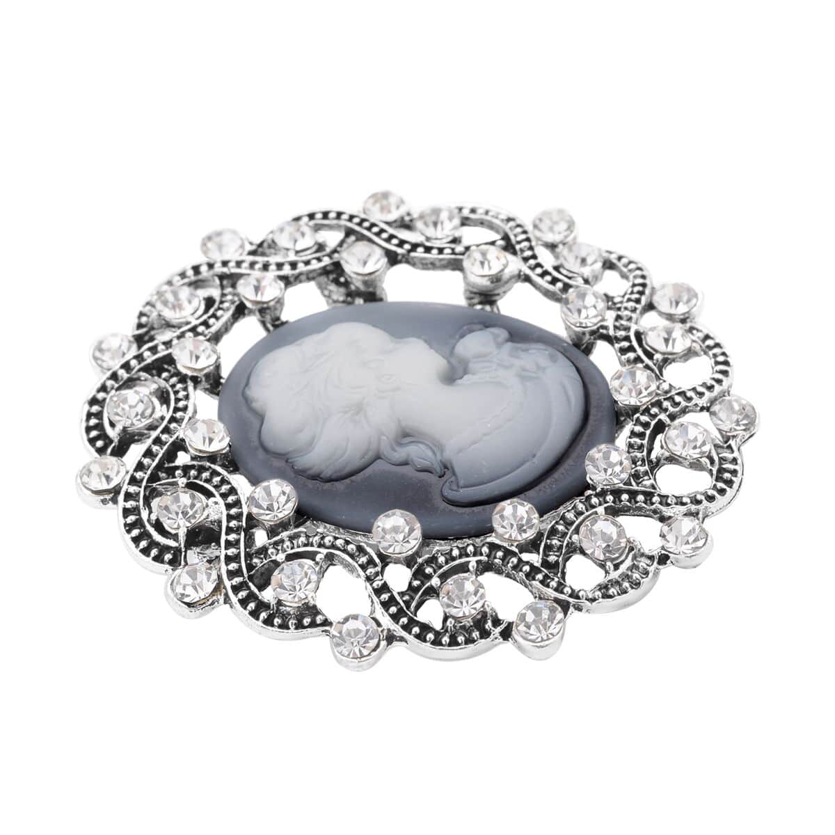 Gray Resin Cameo and Austrian Crystal Brooch Silvertone 20.00 ctw image number 2