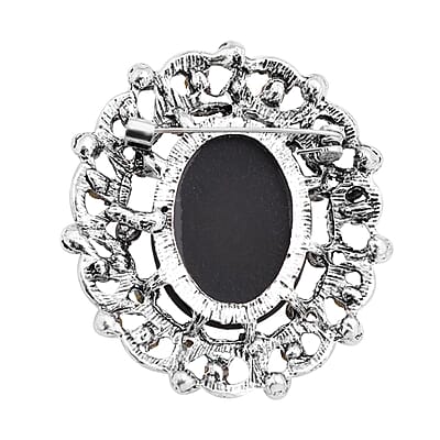 Gray Resin Cameo and Austrian Crystal Brooch Silvertone 20.00 ctw