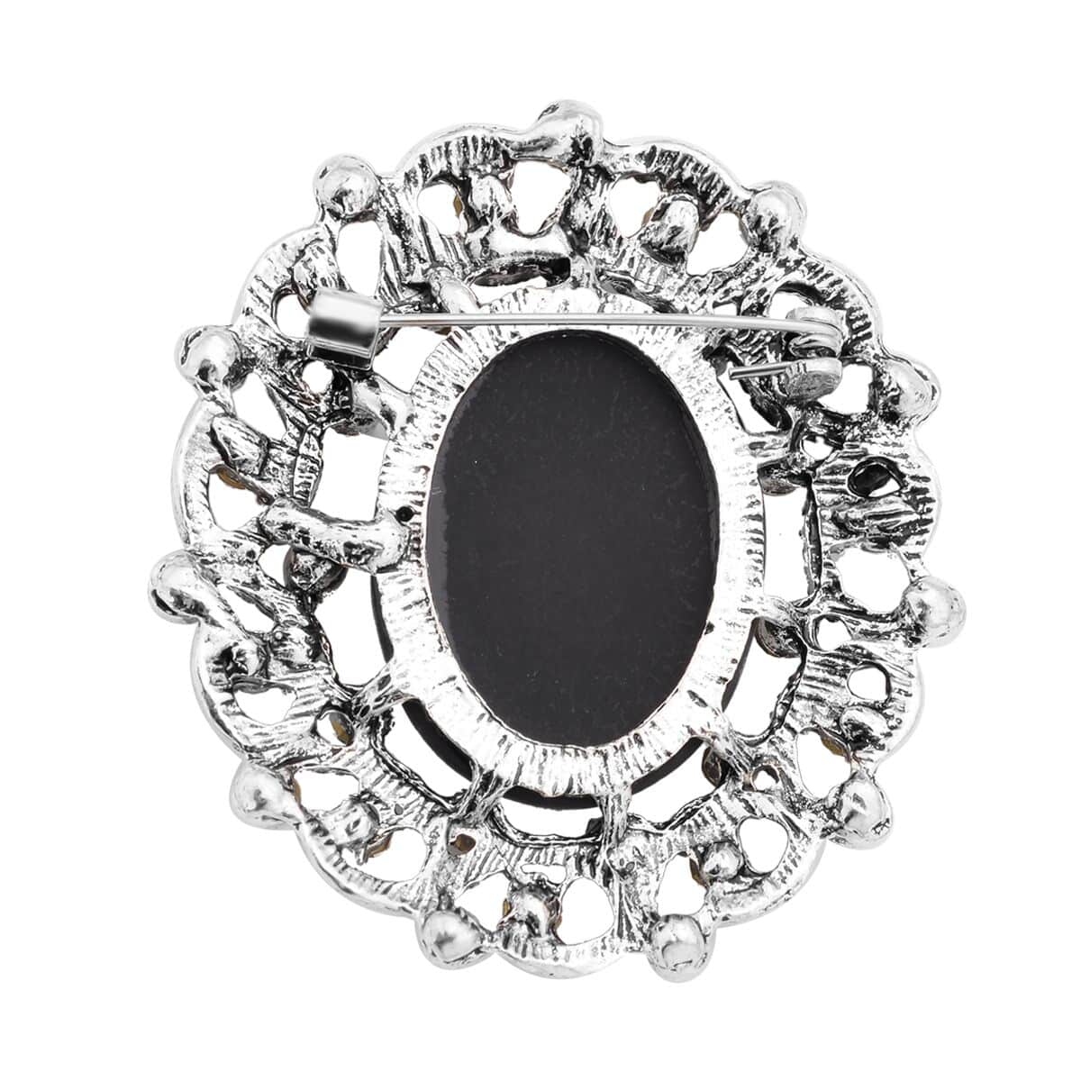Gray Resin Cameo and Austrian Crystal Brooch Silvertone 20.00 ctw image number 3