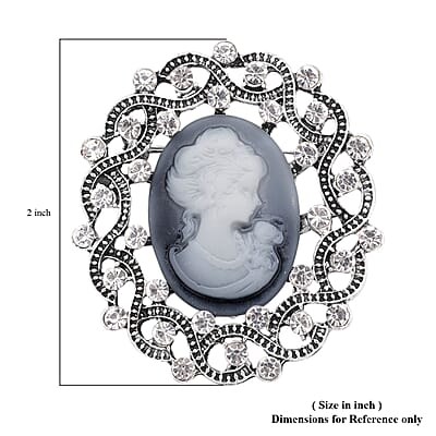 Gray Resin Cameo and Austrian Crystal Brooch Silvertone 20.00 ctw