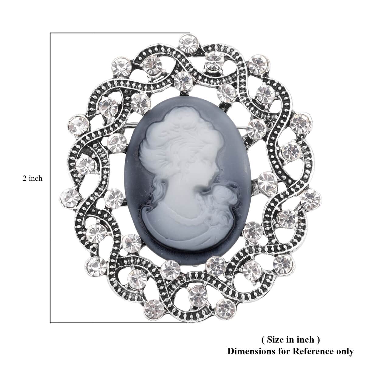 Gray Resin Cameo and Austrian Crystal Brooch Silvertone 20.00 ctw image number 4