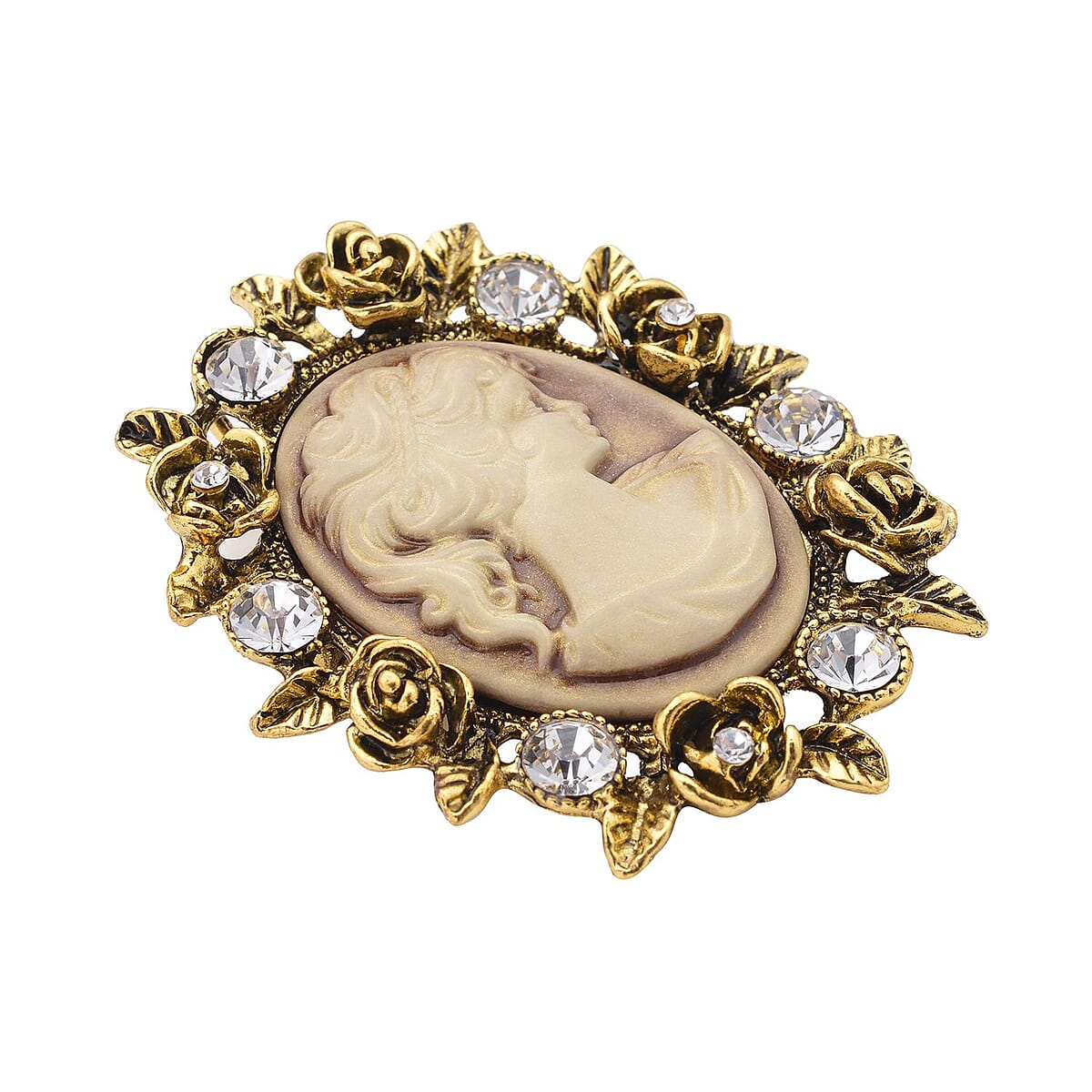 Brown Resin Cameo and Austrian Crystal Brooch Goldtone 25.00 ctw image number 2