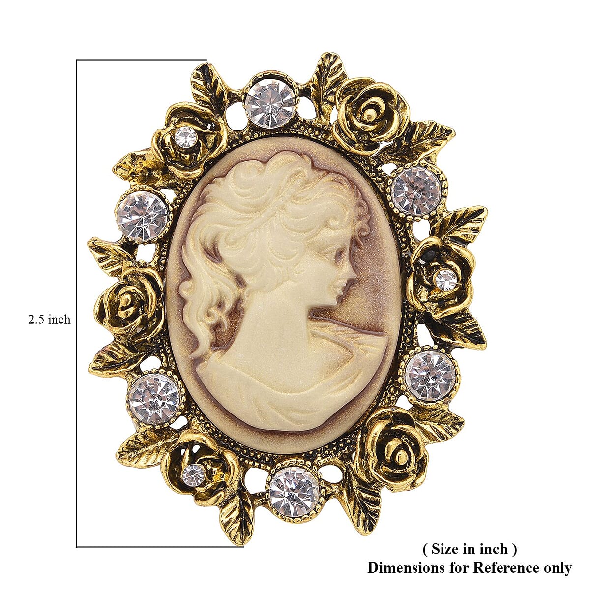 Brown Resin Cameo and Austrian Crystal Brooch Goldtone 25.00 ctw image number 4