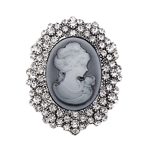 Gray Resin Cameo and Austrian Crystal Brooch Silvertone 20.00 ctw