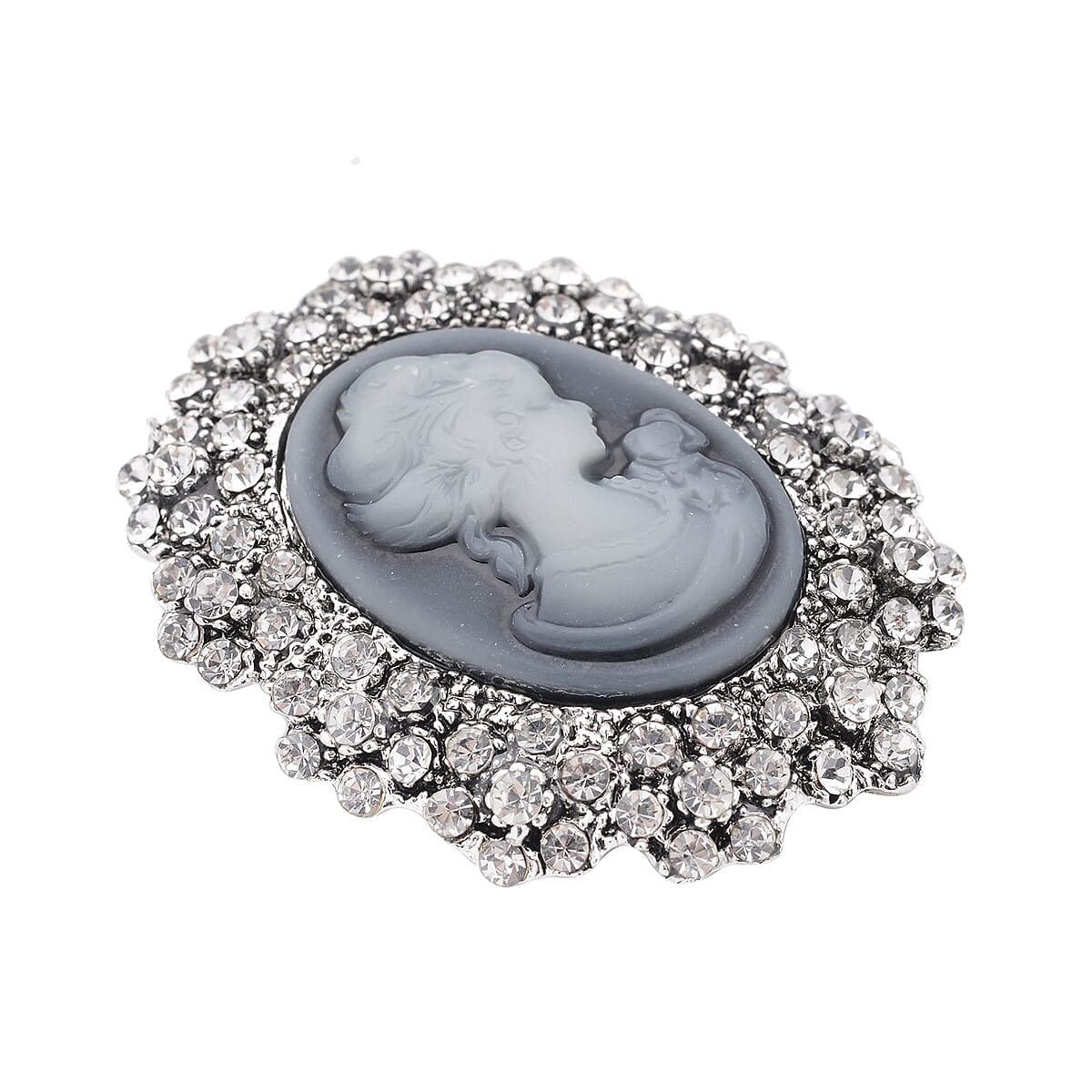 Gray Resin Cameo and Austrian Crystal Brooch Silvertone 20.00 ctw image number 2
