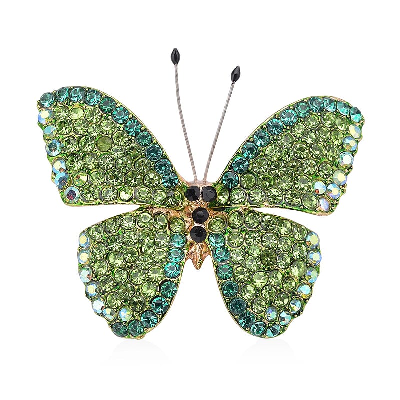 Green, Black and Green Magic Color Austrian Crystal Butterfly Brooch in Goldtone