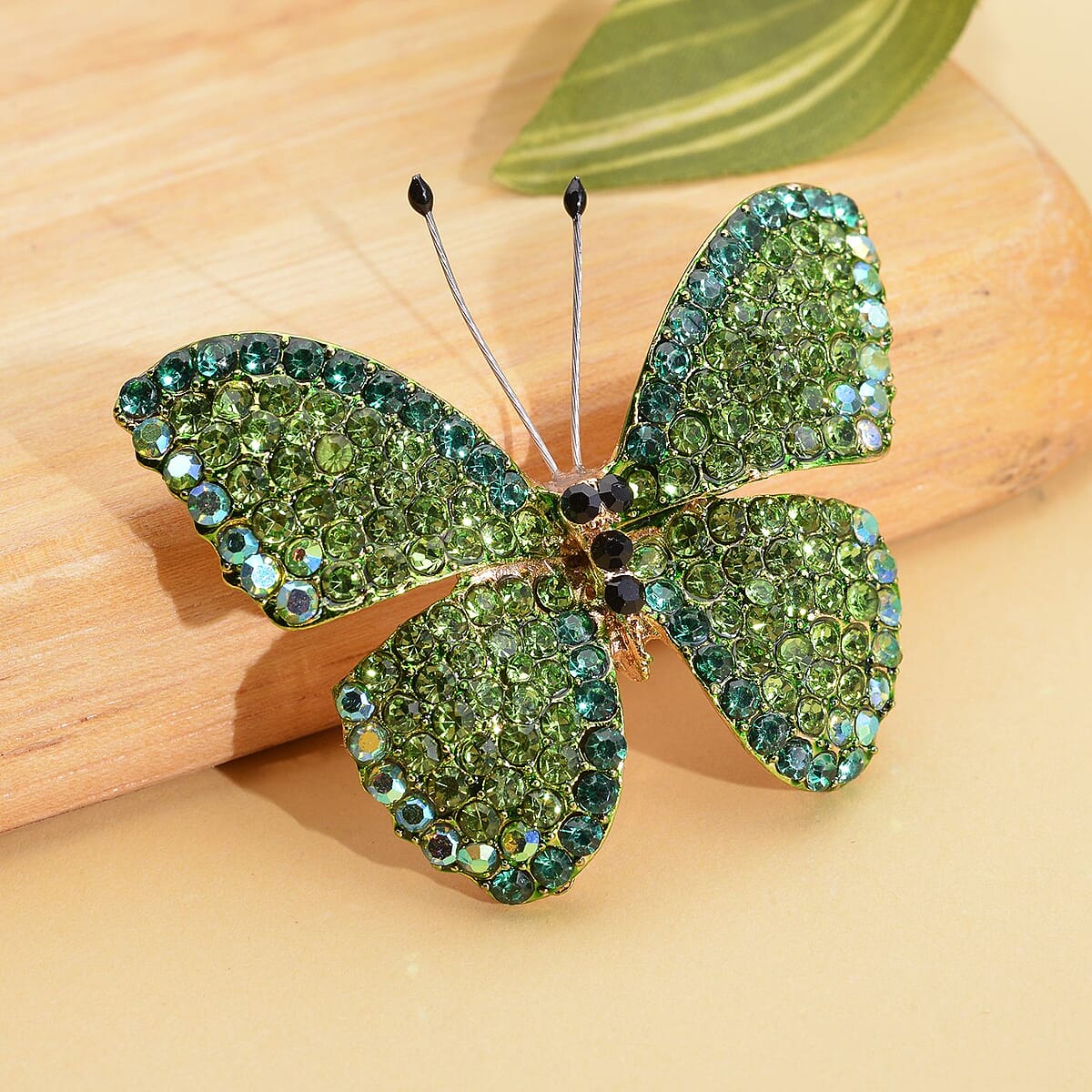 Green, Black and Green Magic Color Austrian Crystal Butterfly Brooch in Goldtone image number 1